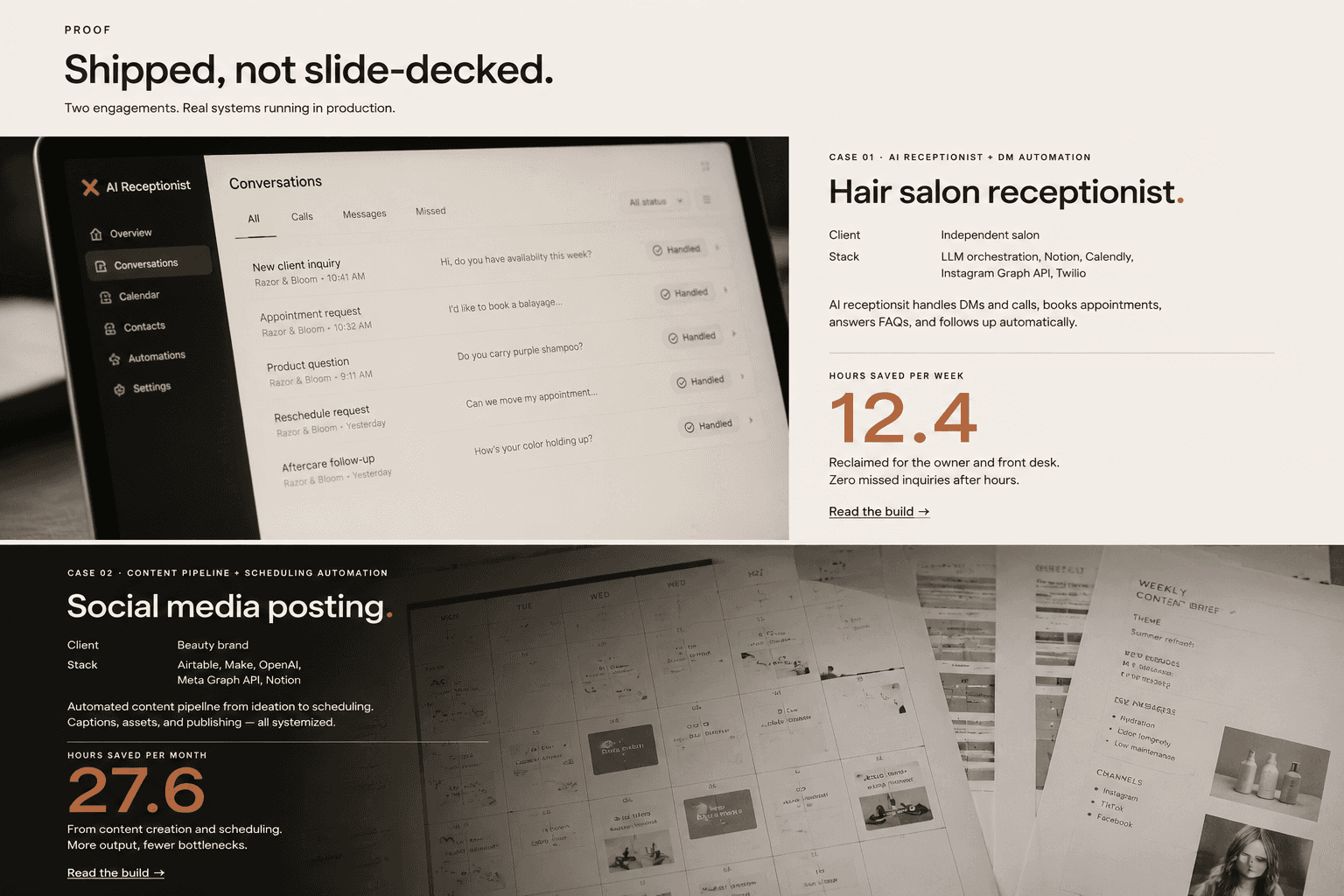 Interface crop showing an AI receptionist app with call summaries and a booking log